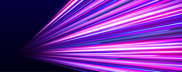 Neon purple arcs twist through futuristic roads. Bright particles highlight speed and motion effect. Great for sci-fi art.  © MEDUZA