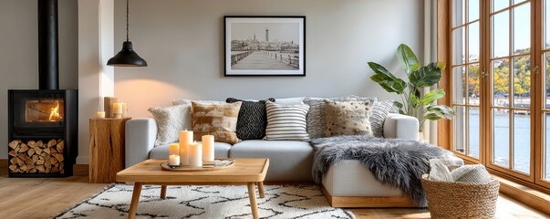 Naklejka premium Cozy Scandinavian living room with wood-burning stove, soft sofa, candles and lake view