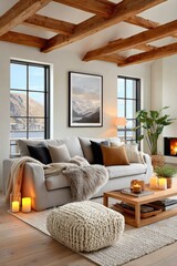 Naklejka premium Cozy Scandinavian living room with sofa, fireplace, wooden beams and knit pouf by window