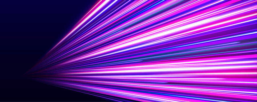 Neon purple arcs twist through futuristic roads. Bright particles highlight speed and motion effect. Great for sci-fi art.
