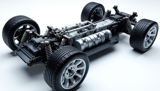 Automotive chassis with engine and suspension system. Modern vehicle base showing steering, braking and wheel assembly components. Metal parts connect tires and frame.