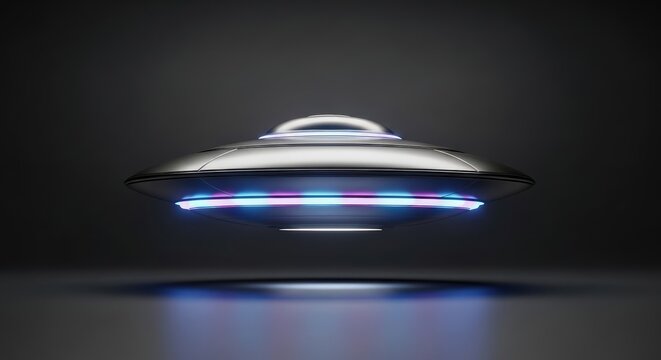Futuristic silver flying saucer hovering with colorful lights against dark background