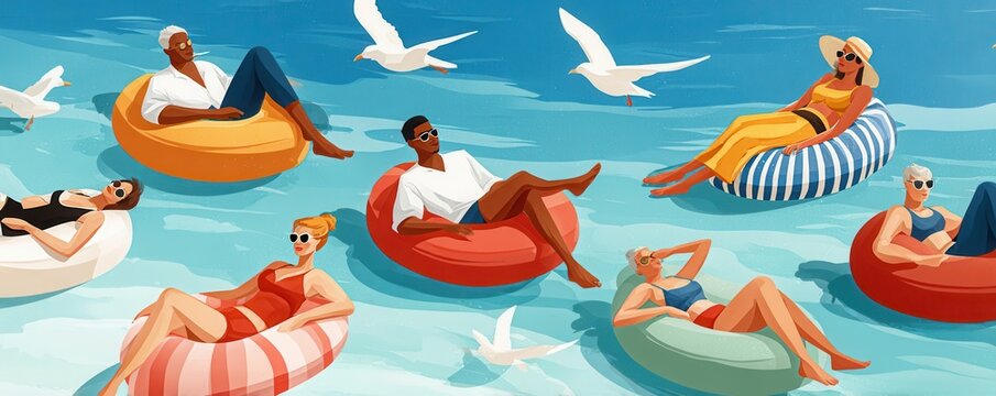 People sunbathing on inflatable loungers in a relaxed summer pool float scene