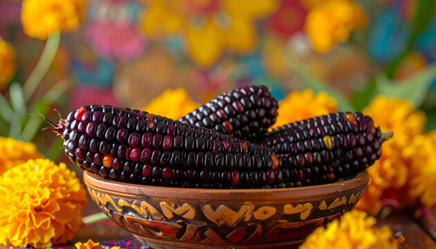 Bowl of Vibrant Purple Corn Cobs Amidst Marigold Flowers.