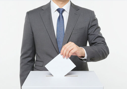 Voting in an election by a man in a suit at a polling station during the daytime