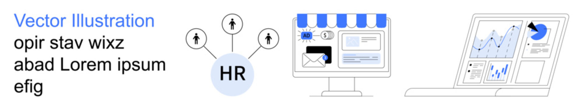 Human resources, professional recruitment, data analytics, digital marketing, business intelligence, e-commerce analysis. Symbols include HR workflow, monitor interface, and analytics dashboard