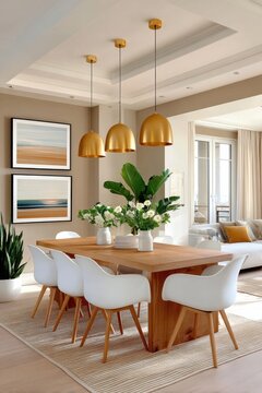 Minimalist dining room with white chairs, wooden table, gold pendant lights and fresh flowers