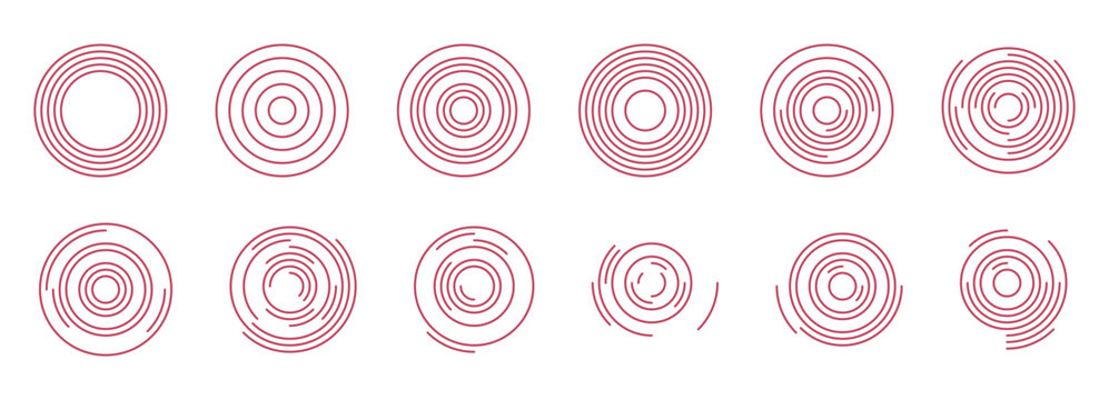 Concentric circle patterns set. Red outlined rings radiating from center with broken, interrupted line segments. Ripple wave effect, radial sound pulse. Logo icon, target symbol. Vector.