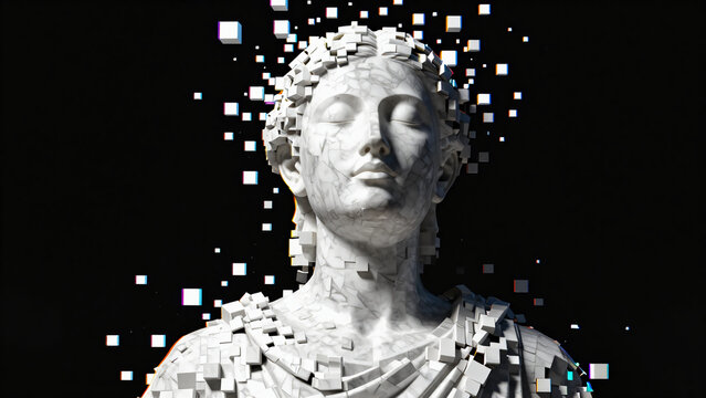 A serene classical marble bust disintegrates into a cloud of digital pixels and floating geometric cubes against a dark void, blending ancient aesthetics with modern glitch art and data fragmentation.