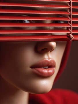 Close up woman face red blind sensual lips soft skin mysterious gaze modern portrait beauty
