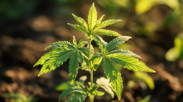 Bright green young hemp plant sprouting with detailed leaf texture, symbolic background representing ethical debate in modern medicine