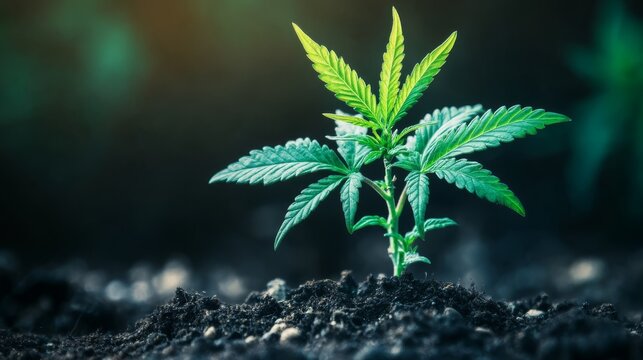 Bright green young hemp plant sprouting with detailed leaf texture, symbolic background representing ethical debate in modern medicine