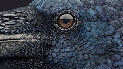 Fototapeta premium Detailed Realistic Macro Close-up of Raven Eye with Blue Textured Feathers Wildlife Portrait