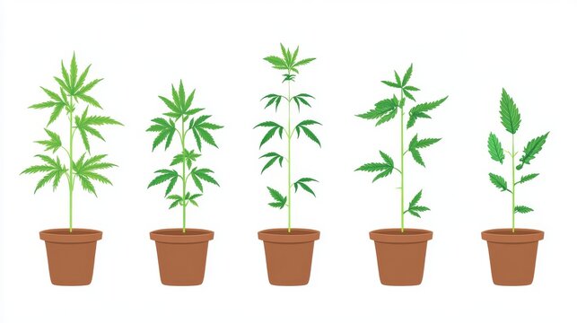 Vector illustration set showing cannabis plant development in pot from seedling to full maturity, isolated on white background