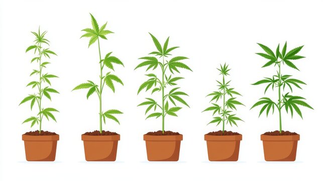 Vector illustration set showing cannabis plant development in pot from seedling to full maturity, isolated on white background