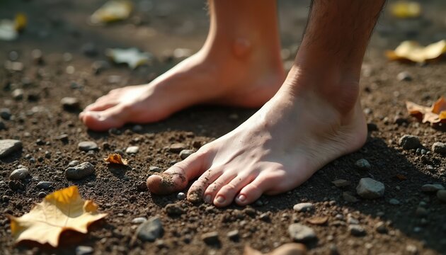 Man stands barefoot on dirt ground with pebbles and fallen leaves. Close up on human feet, toes touching earth. Explore nature, feel connection, walk wild.