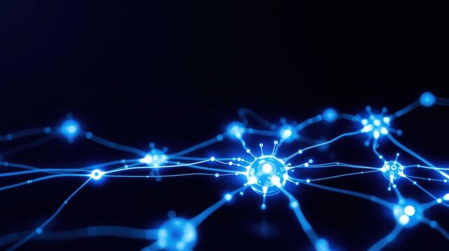 Bright blue network connects glowing points. Futuristic digital illustration suggests data streams, complex systems, innovation. Dark background emphasizes luminosity.