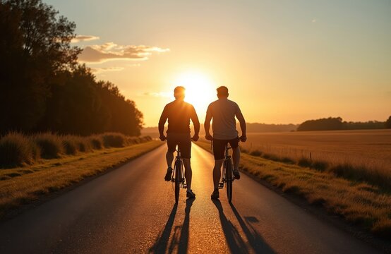Two men ride bicycles down an asphalt road at sunset. Silhouettes are visible against the warm sky. They are on a country path with fields and trees.