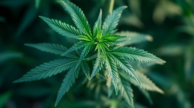 Close-up of cannabis indica plant with serrated leaves growing healthily in a pot, soft natural lighting and nutrient-rich soil