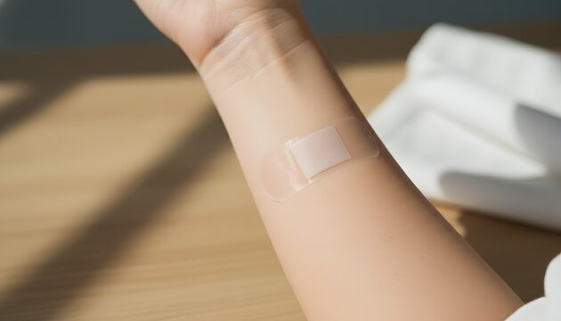 Close up view of a person using a nicotine patch on their forearm for smoking cessation and World No Tobacco Day concept for healthy habit change and recovery