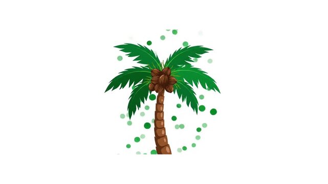 A vibrant illustration of a tall palm tree with lush green fronds and a textured brown trunk, set against a white background with scattered green bokeh circles.