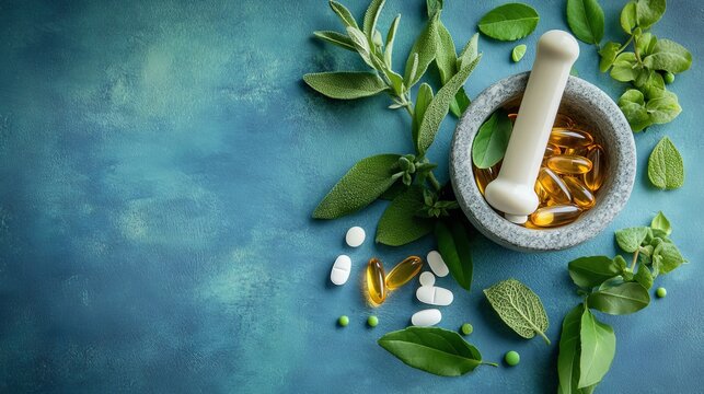 Clean layout of alternative medicine concept with herbal tablets, green leaf elements and decorative mortar and pestle