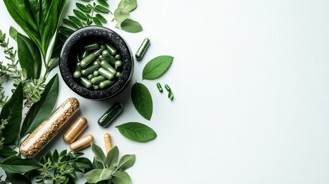 Clean layout of alternative medicine concept with herbal tablets, green leaf elements and decorative mortar and pestle