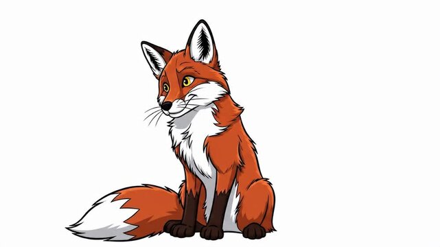Cartoon style drawing of a seated orange fox with white chest and tail tip