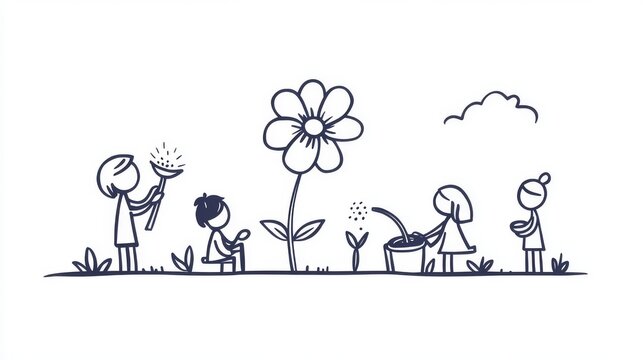 Cute doodle-style illustration of tiny human characters watering, planting, and tending to a growing flower, hand-drawn line art, minimalist white background