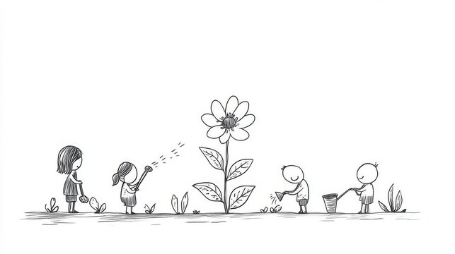 Cute doodle-style illustration of tiny human characters watering, planting, and tending to a growing flower, hand-drawn line art, minimalist white background