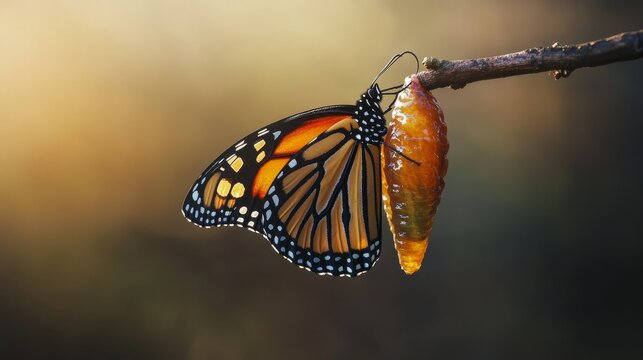 Macro shot of Monarch butterfly emerging from chrysalis on a twig, wings still wet and wrinkled, background softly blurred for focus on transformation