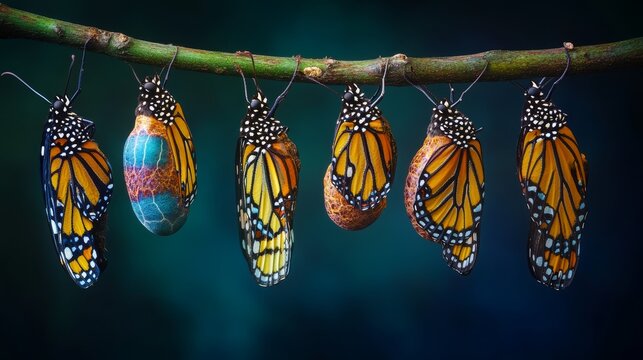 Sequential stages of Monarch butterfly metamorphosis from cocoon to adult, suspended from branch, dramatic lighting and high detail