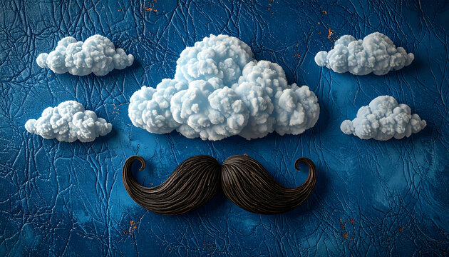 Whimsical Clouds and Moustache on a Textured Blue Background.