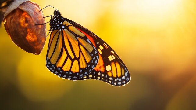 Monarch butterfly freshly emerged from pupa, clinging to the empty shell, golden morning light illuminating the wings&acirc;&euro;&trade; patterns