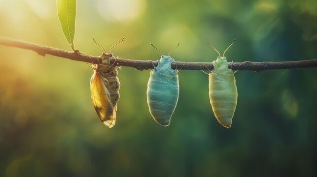Time-lapse style composition showing caterpillar, cocoon, and butterfly phases suspended on the same branch, nature study concept in soft natural tones