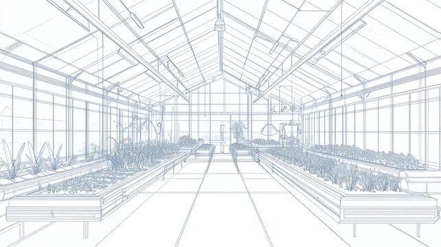 Thin-line vector style drawings of greenhouses with ventilation, plant beds, and irrigation system details, schematic and clear