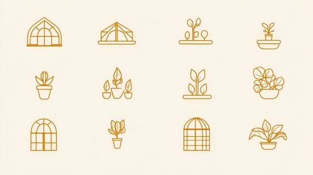 Minimal icon pack of botanical greenhouses, stylized outline format, usable for eco logos, agriculture apps or sustainability content
