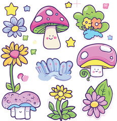 Fototapeta premium Cute cartoon vector illustration set of mushrooms and toadstools in forest grass with autumn leaves featuring amanita fungi and edible mushroom icons