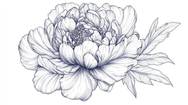 Hand-drawn vector peony with intricate linework and organic curves, floral tattoo design style, isolated on transparent background