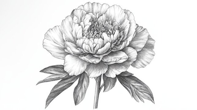 Peony illustration in black and white etching technique, detailed flower head with visible veins on petals, minimal foliage at base