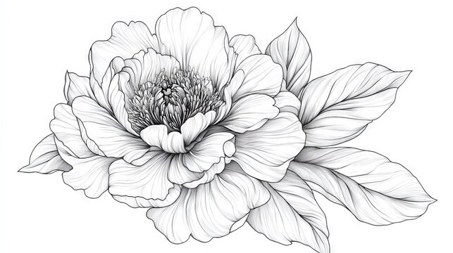 Hand-drawn vector peony with intricate linework and organic curves, floral tattoo design style, isolated on transparent background
