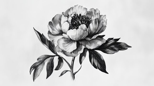 Peony illustration in black and white etching technique, detailed flower head with visible veins on petals, minimal foliage at base
