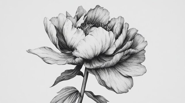 Peony illustration in black and white etching technique, detailed flower head with visible veins on petals, minimal foliage at base