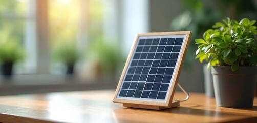 Fototapeta premium Small solar panel on wooden table near green plant in bright room. Sunlight streams through window, illuminating clean energy tech. Suitable for home office, eco-friendly living.