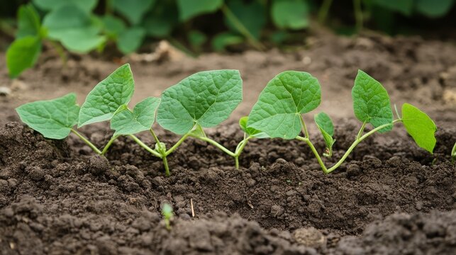 Botanical illustration of Basella alba plant at early growth stage, vibrant green vine leaves growing from rich brown soil, outdoor farm setting