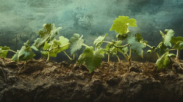 Realistic depiction of Basella alba vine growing in agricultural soil bed, showing development stages from sprout to early vine stretch