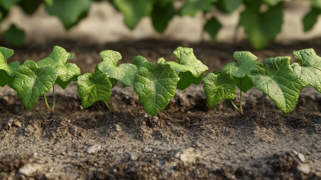 Realistic depiction of Basella alba vine growing in agricultural soil bed, showing development stages from sprout to early vine stretch