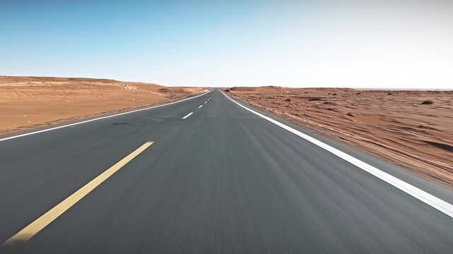High-speed view of empty asphalt highway stretching through endless arid desert landscape in Xinjiang, China