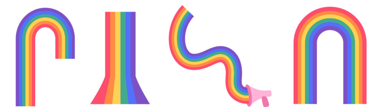 Retro Pride element set with isolated rainbow arches and wavy ribbons. 70s groovy LGBTQ vector icons, vintage hippie style megaphone and fluid stripes on white background for digital design. 