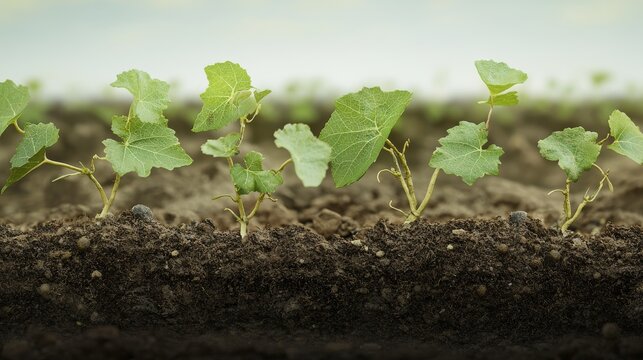 Realistic depiction of Basella alba vine growing in agricultural soil bed, showing development stages from sprout to early vine stretch